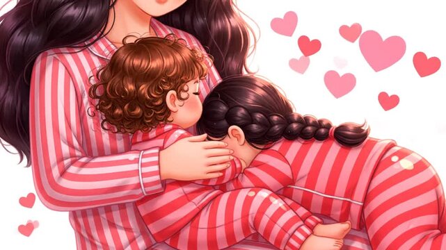 Cozy family moments A loving mother embraces her children in festive Valentine Day Pajamas, surrounded by floating hearts, depicting comfort and affection