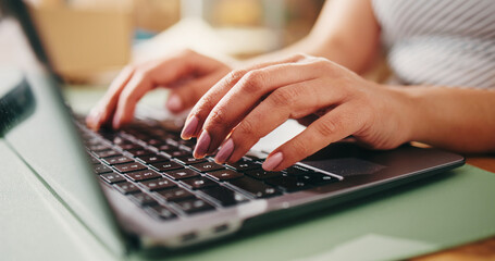 Typing, laptop and shipping with hands of person for delivery schedule, email confirmation and...