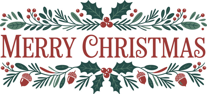 Merry Christmas text with holly and acorns border greeting