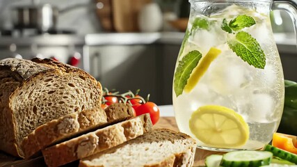 Sliced Bread on a Cutting Board with Vegetables and Lemonade in a Kitchen, A Scene of Meal Preparation and Healthy Eating.