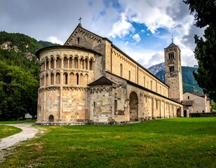 Fototapeta premium Stone cathedral, green lawn, mountain backdrop, and blue sky