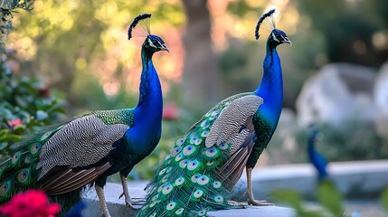 Beautiful blue and green peafowl displaying colorful plumage and tail feathers in a park or zoo setting