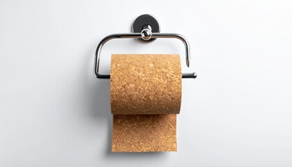 Cork toilet paper roll on metal holder.