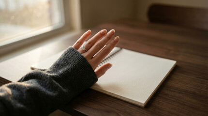 Woman's hand revealing a blank page in a sketchbook on walnut.