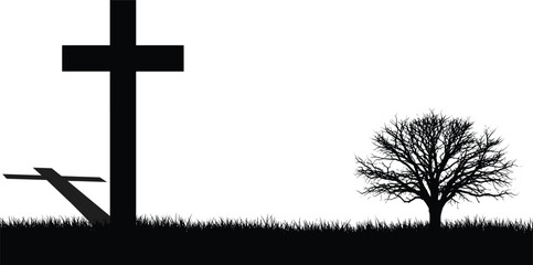 Black and white vector silhouette of a devout man kneeling in prayer before a large Christian cross, representing faith, worship, and spiritual devotion in religion.
