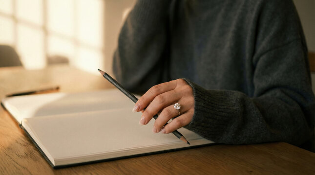 Woman sketching with diamond ring in warm light - Powered by Adobe
