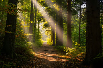 Obraz premium Peaceful Forest Hiking Trail with Sunlight Through Trees