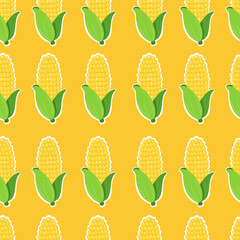 Corn seamless pattern with white outline and yellow background. Vegetable cartoon. Can be used for wallpaper, paper wrapping and fashion fabric