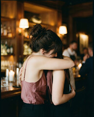 Woman giving a warm hug in a dimly lit bar.