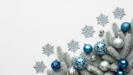 Winter holiday festive background with frosted fir branches, snowflakes. isolated on white background