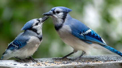 Beautiful blue jay bird sitting on a snowy branch in nature, a stunning wild songbird