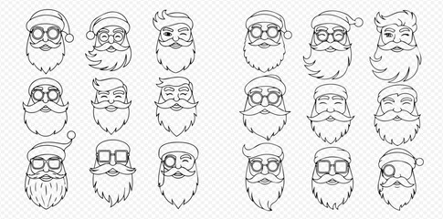 Collection of black and white line art illustrations featuring various Santa Claus faces with hats, glasses, mustaches, and beards, suitable for Christmas and holiday designs.