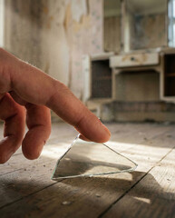 Fingertips tracing the sharp edge of a broken mirror shard on floor.