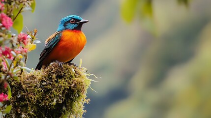 Colorful wildlife birds including a cardinal, robin, and woodpecker on a branch in nature