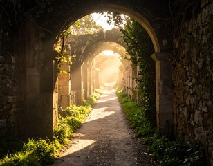 Obraz premium Stone arches of a pathway leading toward bright sunlight