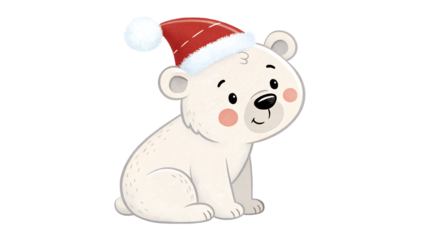 Cute cartoon polar bear wearing a santa hat isolated on transparent background isolated on white background