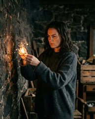 Woman lighting match in dark room