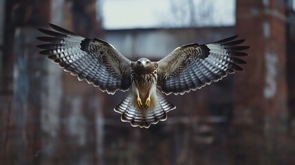 Eagle or hawk in flight: wildlife predator bird with outstretched wings flying high in the nature sky
