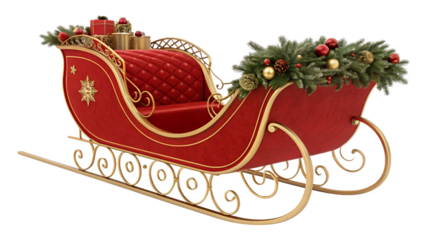 Ornate red and gold christmas sleigh decorated with pine boughs and gifts isolated on transparent background isolated on white background - Powered by Adobe