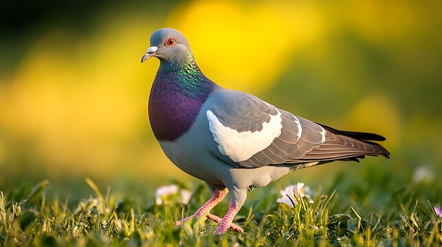 Gray pigeon bird in green city park grass