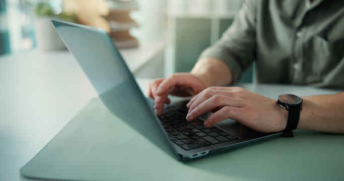 Man, hands and typing in office with laptop for social media marketing, campaign post and report. Person, research or browse with computer for digital advertising, project upload or brand management.