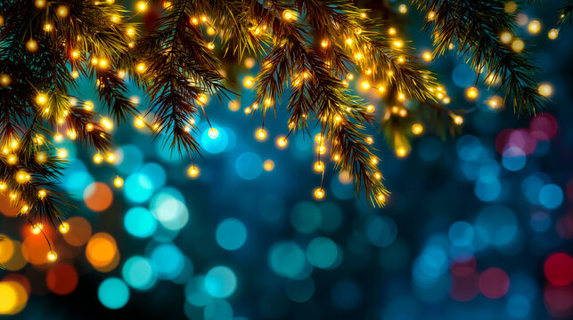 A vibrant and colorful representation of a Christmas tree adorned with numerous lights and ornaments set against a backdrop of a starry night sky