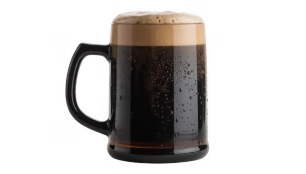 Dark beer in a glass mug with foamy head and condensation droplets isolated on a transparent background - Powered by Adobe