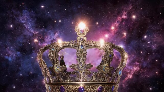 Ornate gold crown with gemstones, starry background, celestial