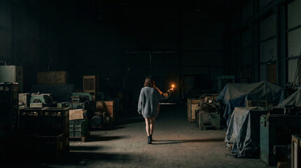 Woman holding a single match walking into a dark, vast hall.
