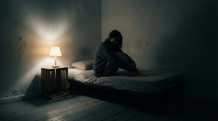 Woman Sitting Alone in Dim Room