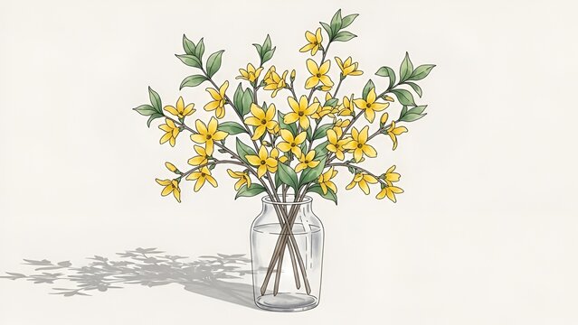 Elegant forsythia illustration in glass vase with shadow casting on white surface