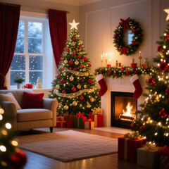A festively decorated Christmas tree creates a warm and cozy atmosphere next to a blazing fireplace.