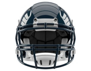 Dark blue American football helmet with white accents and metal facemask isolated on a transparent background