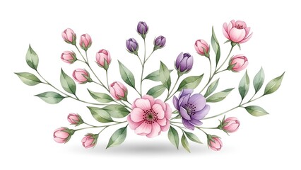 Obraz premium Watercolor floral composition with pink and purple flowers and green leaves arrangement
