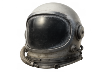 Retro style astronaut helmet, worn and weathered, used for outer space exploration and scientific discovery. Transparent background