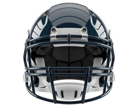 Dark blue American football helmet with white accents and metal facemask isolated on a transparent background
