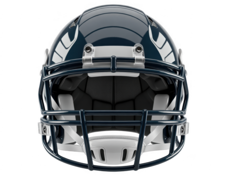 Dark blue American football helmet with white accents and metal facemask isolated on a transparent background