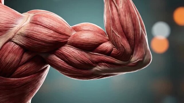 Closeup 3d rendering of human arm muscle anatomy flexing with a shallow depth of field background