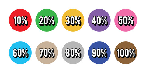 Colorful Percentage Labels Set. 10% to 100% Circle Icons. Percentage Badge Icons