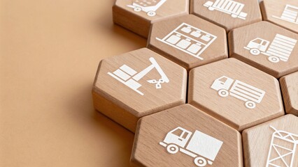Fototapeta premium Wooden Hexagonal Blocks with Warehouse Icons for Logistics and Storage Industry Themes