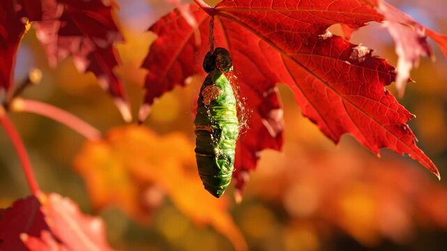 Hanging Chrysalis Amongst Autumn Maple Leaves