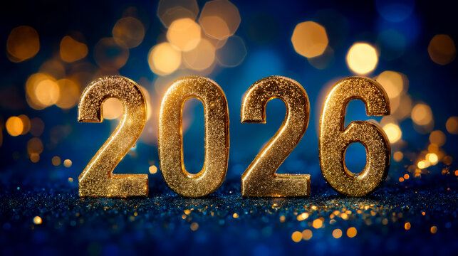 The number 2026 in a glittery gold font against a dark blue background with bokeh light effects