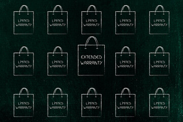 extended warranty shopping bag surrounded by limited warranty bags illustration