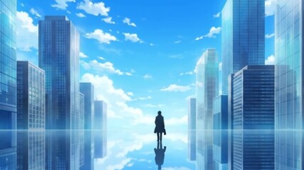 Anime style illustration of a lone businessman standing on a reflective surface surrounded by modern glass skyscrapers under a bright blue sky with clouds