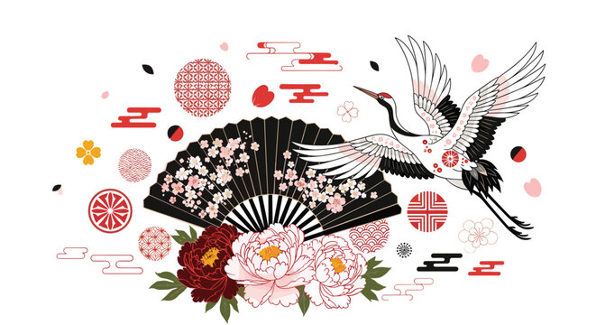 A beautiful composition of a Japanese red-crowned crane, a folding fan with sakura, and peony flowers for a modern oriental design.