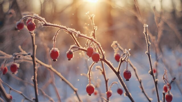Rosehip berries covered with frost on a cold winter day at sunset - Powered by Adobe