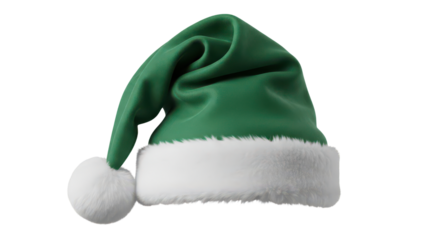 Green elf hat with white trim and pompom, festive holiday headwear.