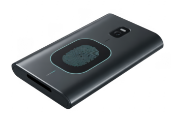 Dark gray smartphone with illuminated fingerprint scanner and camera isolated on a transparent background