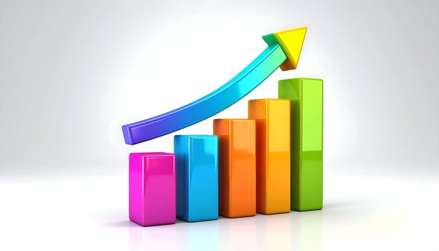A colorful 3D bar chart with an upward curving arrow, signifying growth and progress - Powered by Adobe