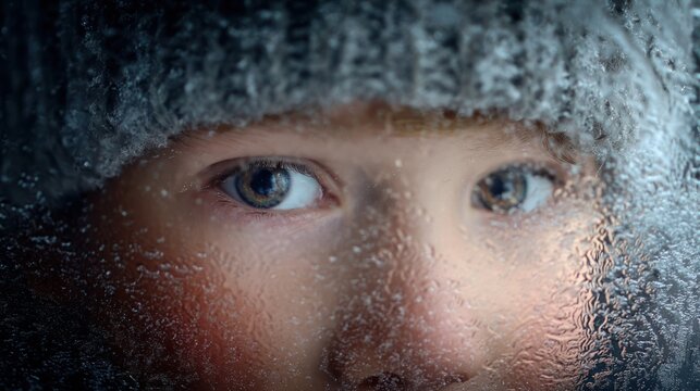 A child peeking through a frosty window at the falling snow on Christmas Eve